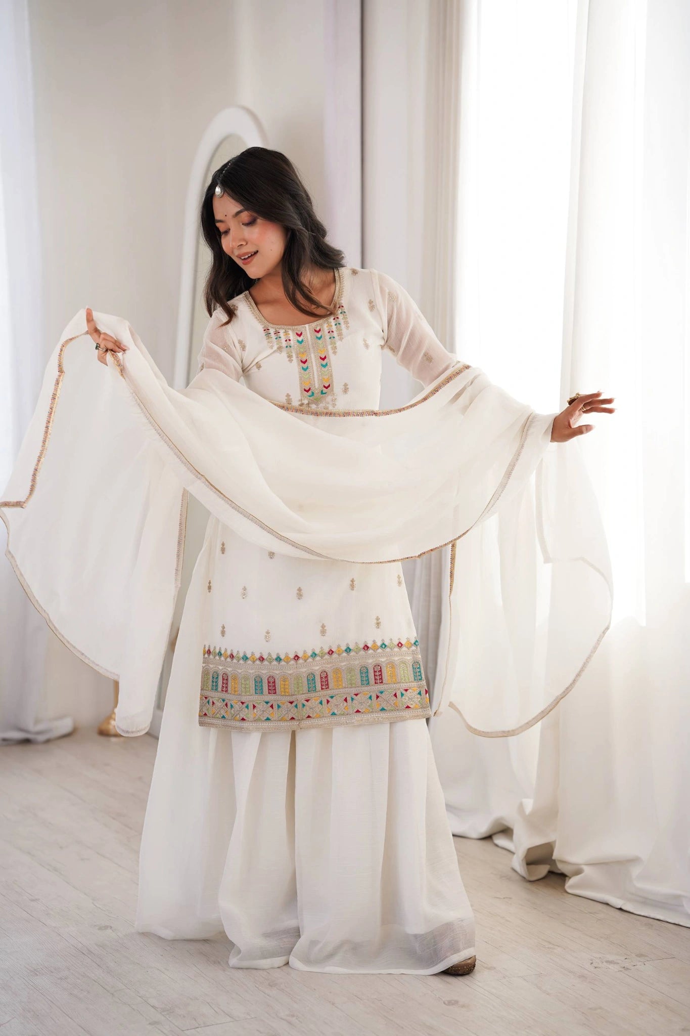 Off White Sequins Embroidered with Thread & Zari Work Suit with sharara and dupatta, front view
